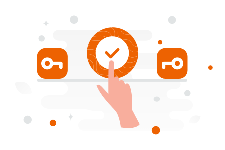 Tick icon with a key on either side coloured orange