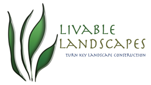 Livable Landscapes Logo with four green leaves left aligned and livable landscapes, turn key landscapes construction written on right side